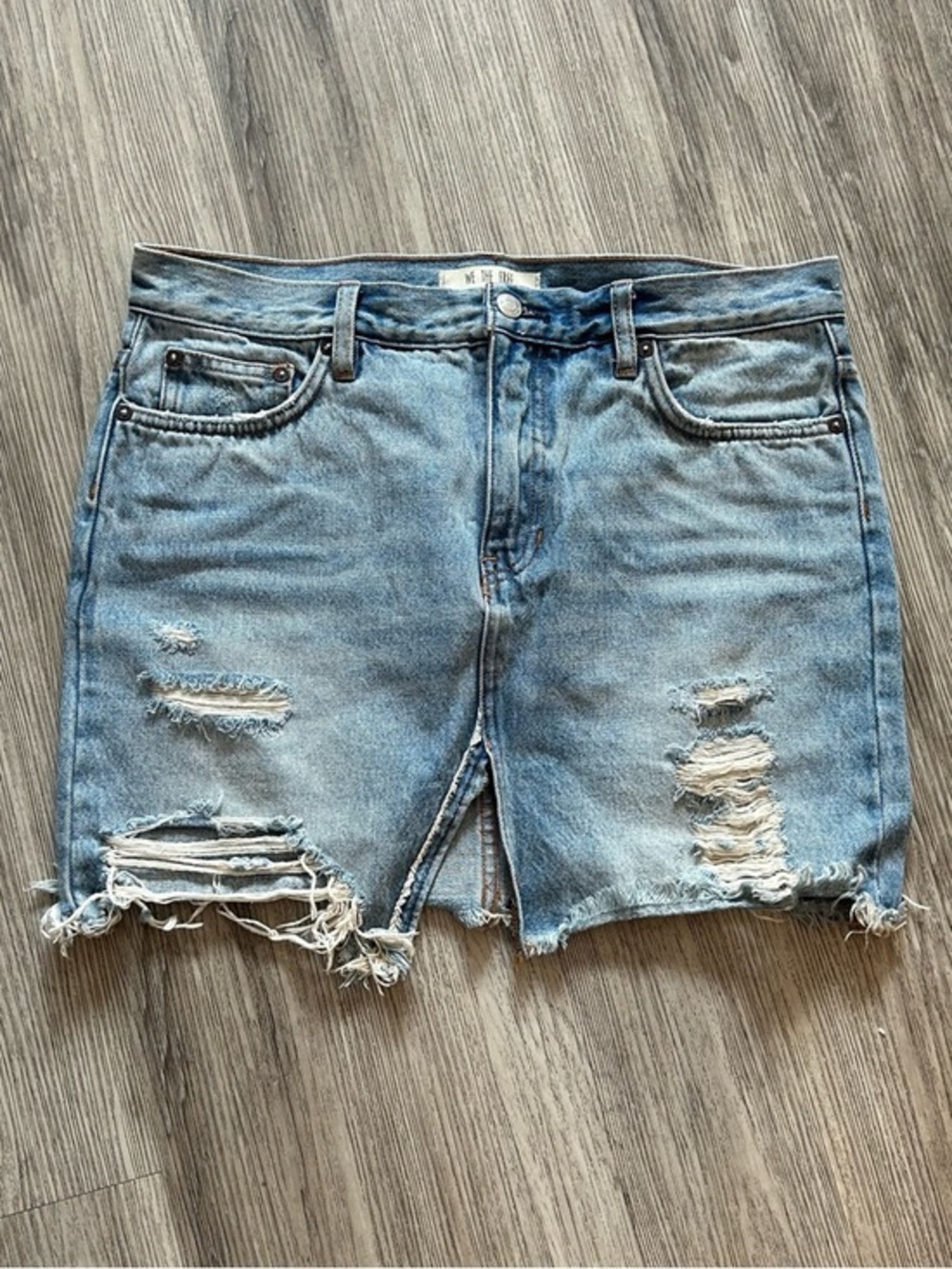 We The Free Light Blue Distressed Denim Mini Skirt